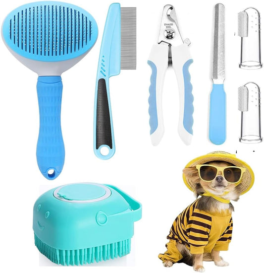 7-Piece Premium Pet Grooming Kit — Nail Clipper, Flea Comb, Self-Cleaning Brush & Bath Tools